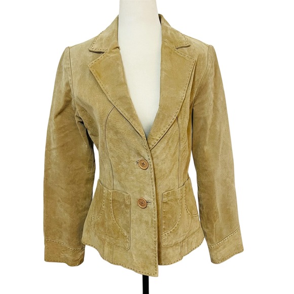 Vintage MOTO Suede Leather Blazer Fitted Western Jacket Tan Brown Size 12 - Picture 1 of 10